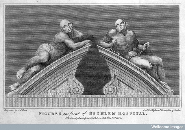 Statues of 'raving' and 'melancholy' madness, each reclining on one half of a broken segmental pediment, formerly crowning the gates at Bethlem [Bedlam] Hospital. Engraving by C. Warren, 1808, after C. Cibber, 1680. 