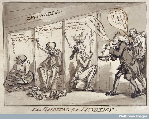 The Hospital for Lunatics. Bethlem Hospital, London: the incurables being inspected by a member of the medical staff, with the patients represented by political figures. Drawing by Thomas Rowlandson, 1789.