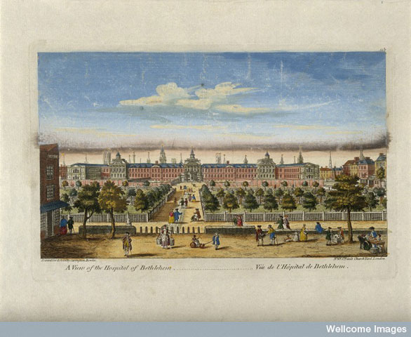 The Hospital of Bethlem [Bedlam] at Moorfields, London: seen from the north, with people in the foreground. Coloured engraving, c. 1771 after Robert Hooke.