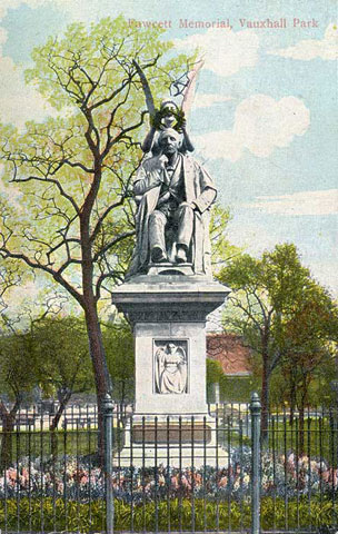 Fawcett Memorial, Vauxhall Park, Vauxhall, Henry Fawcett (1833-1884) was a blind academic, statesman and postmaster-general who campaigned for public open spaces. The statue shown here was demolished in the early 1960s. The card is postmarked September 1907.