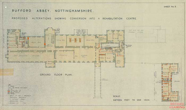 Labelled colour survey plan of the ground floor of Rufford Abbey, showing proposals for its conversion into a rehabilitation centre, with a key.
