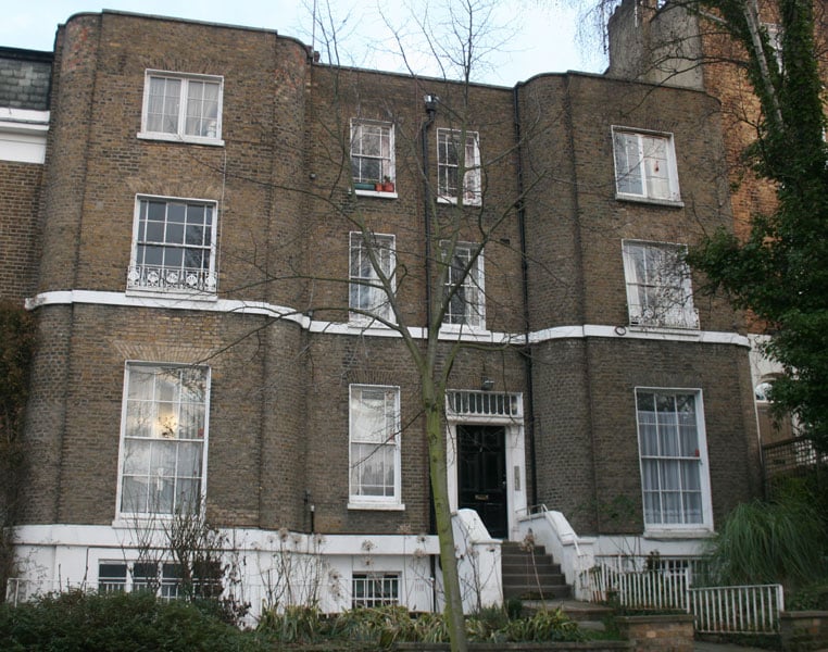 2 Campden Hill Square, Kensington, London, the 'Mouse Castle' of the suffragettes. Developed by J.F.Hanson 1826-28 to designs of G.E.Valintine and listed Grade II. 
© Cheryl Law (2010). Source Historic England.NMR.