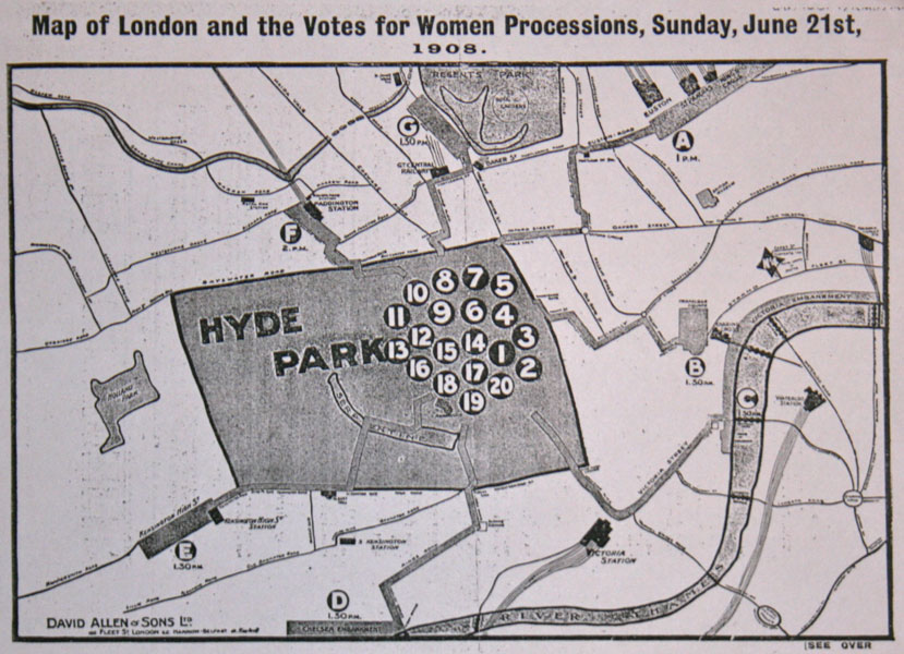 Map detailing the A-G arrival points in London and demonstration routes to Hyde Park with the sites of 20 platforms for speeches, 1908. © & source The Women’s Library. 