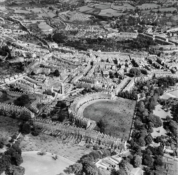 Royal Crescent, Bath.  'Dig for Victory' campaign continued for many years after the war with some 72 allotments shown here and was only transformed back into lawn in 1957