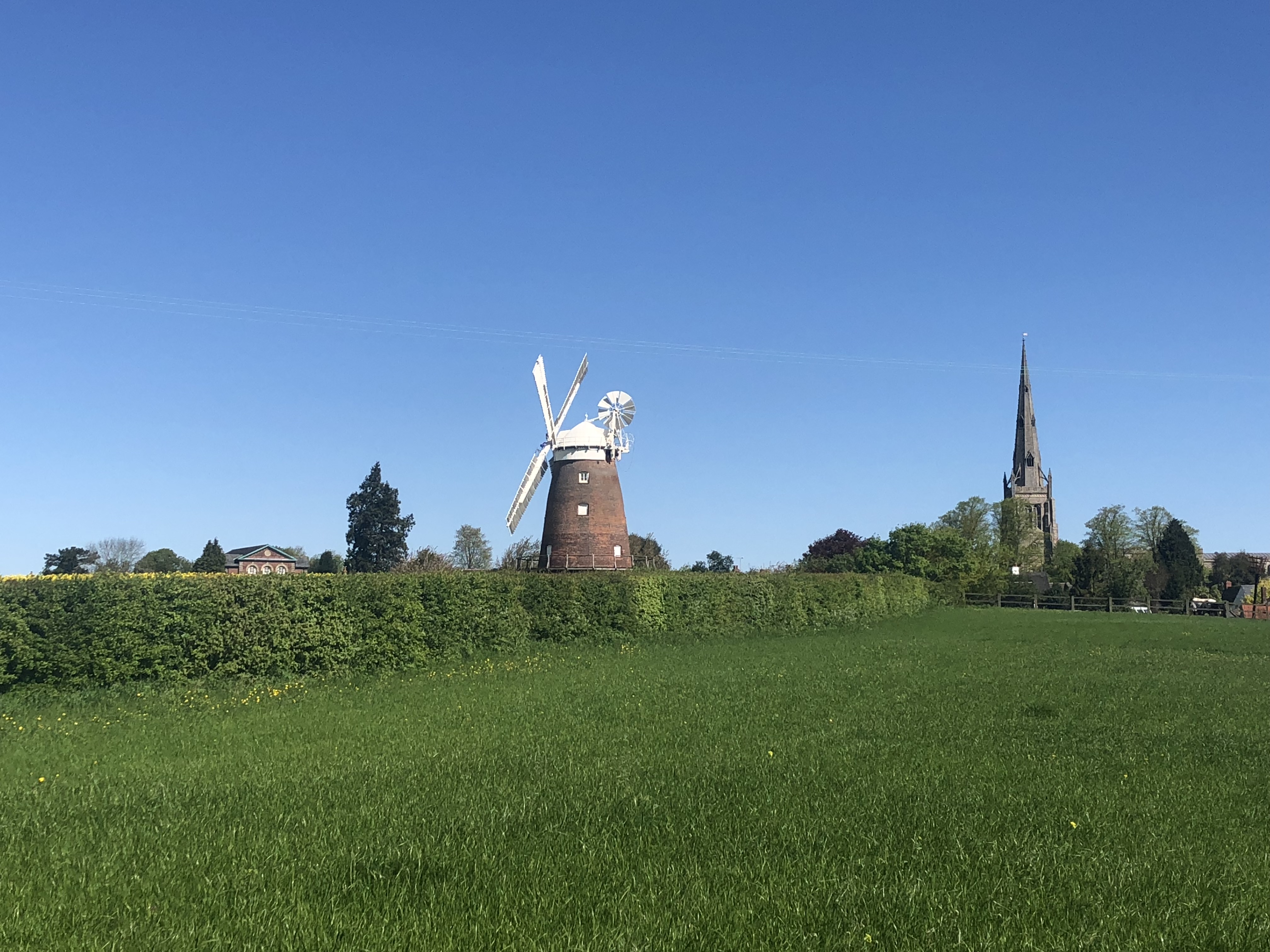 The mill, a red brick building with white sails and top sits in the background behind a field and hedge, adjacent to the village church.