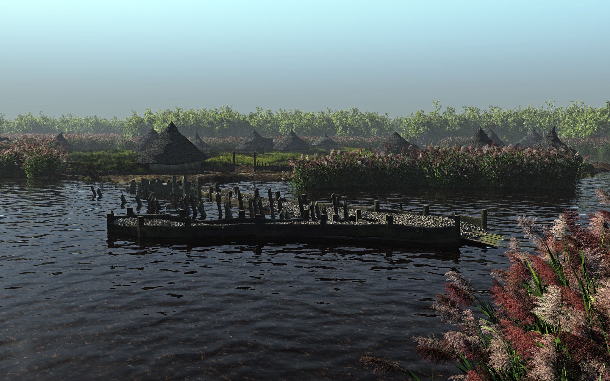 Reconstruction of a prehistoric lake village with roundhouses and woodland in the background; in the foreground is a timber jetty structure.