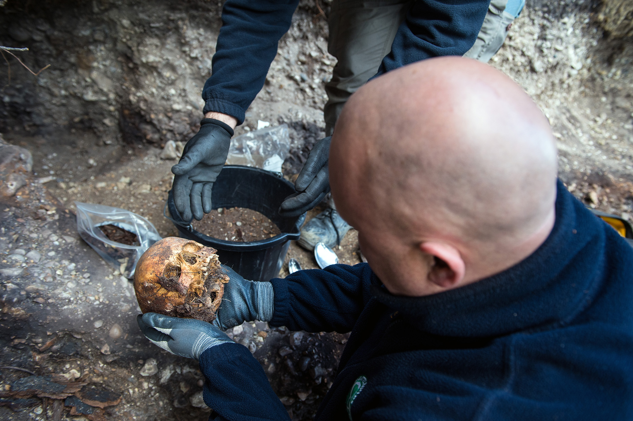 A skull being excavated by the Operation Nightingale team during Exercise Magwitch in Portsmouth's 'Rat Island'.