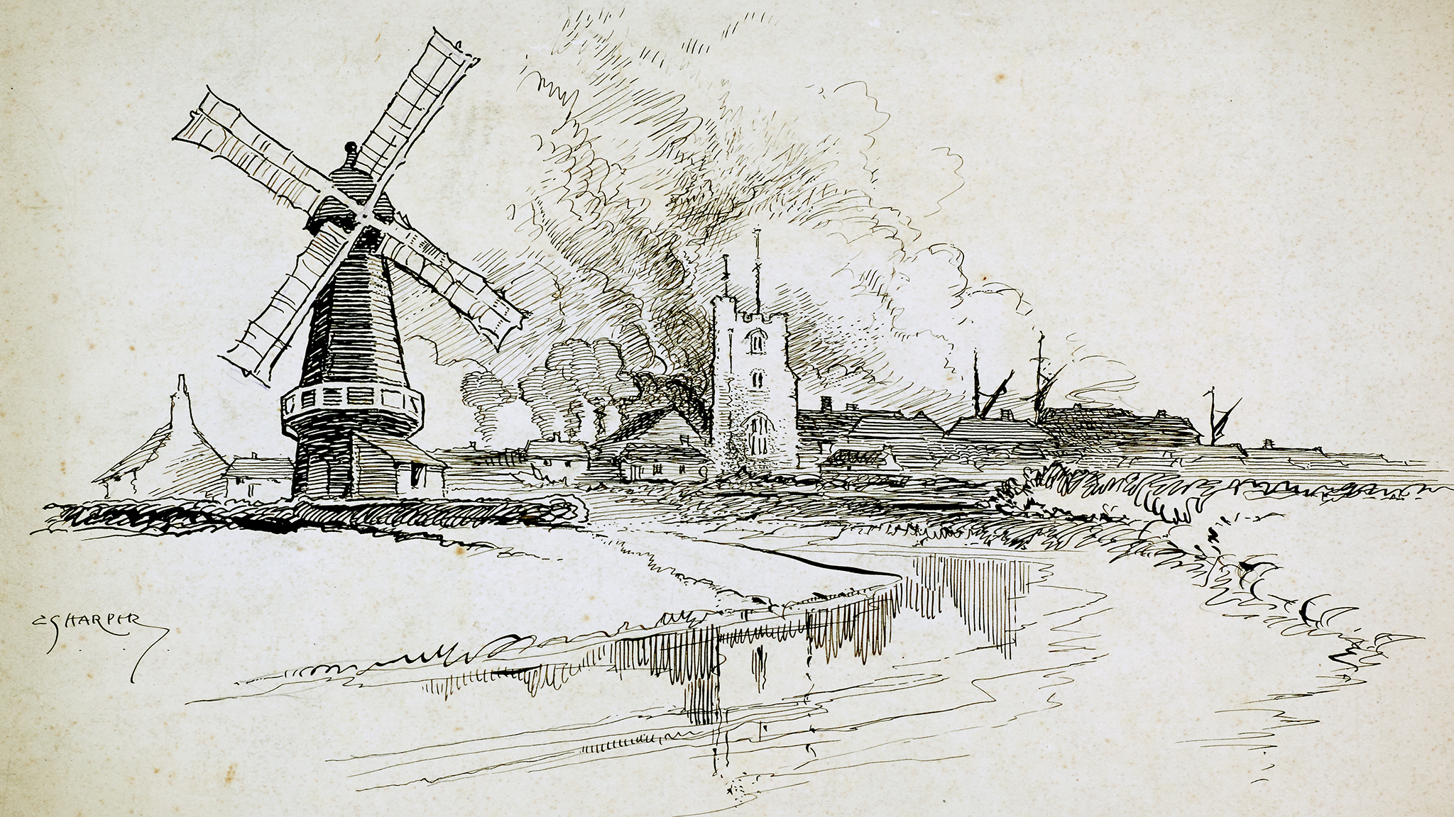Line-drawn archive illustration showing a windmill, a river and a church tower