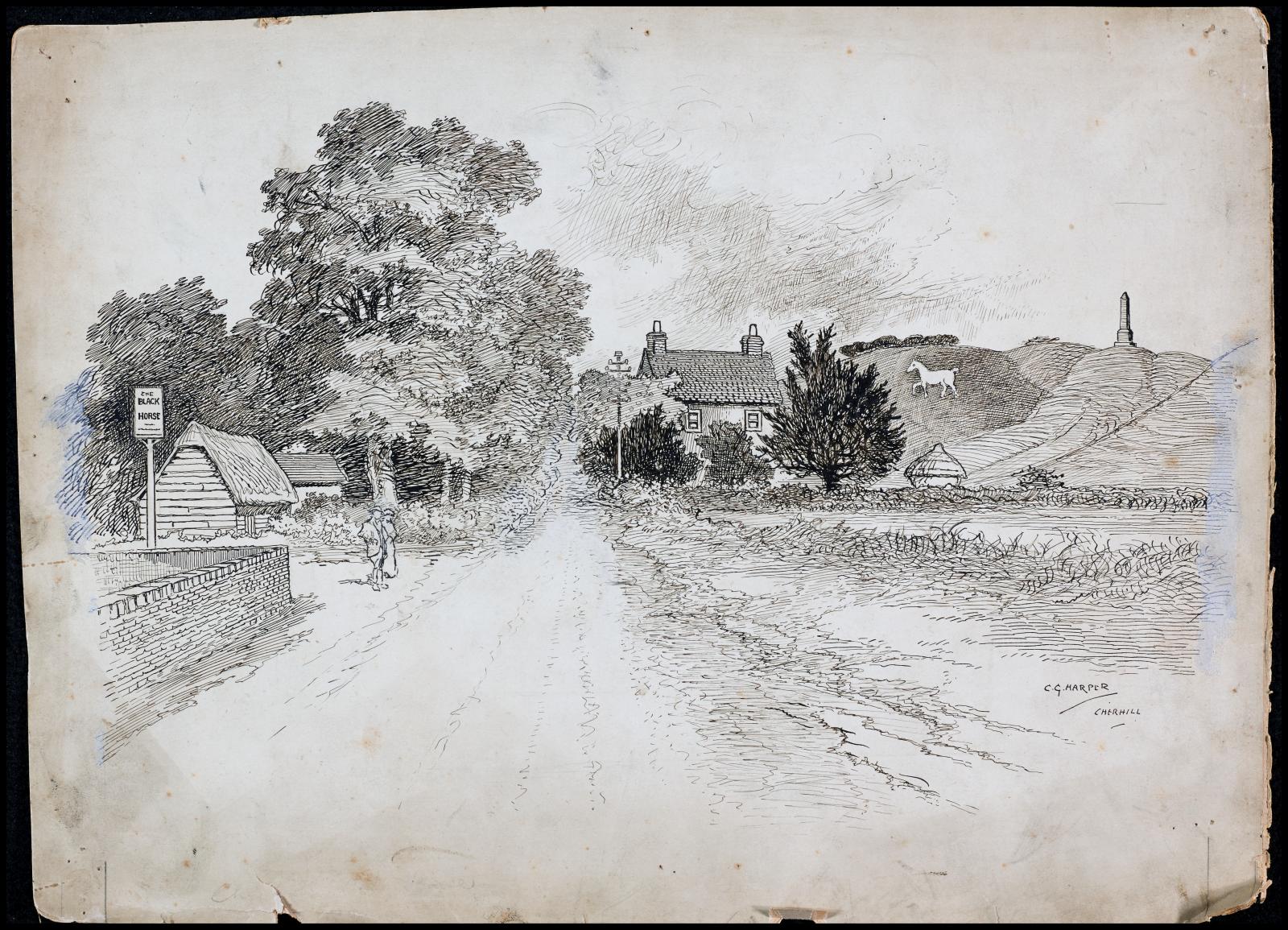 Line-drawn archive illustration showing a lane leading into a rural village, with a carved white horse and an obelisk on the hills beyond.