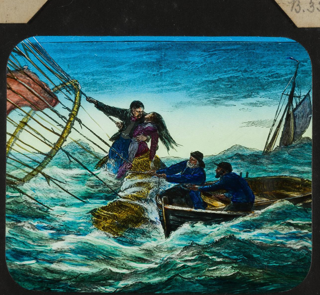 A hand-coloured decorative slide showing an engraving of French aeronauts Jules and Caroline Durouf being rescued  after their balloon landed in the North Sea.