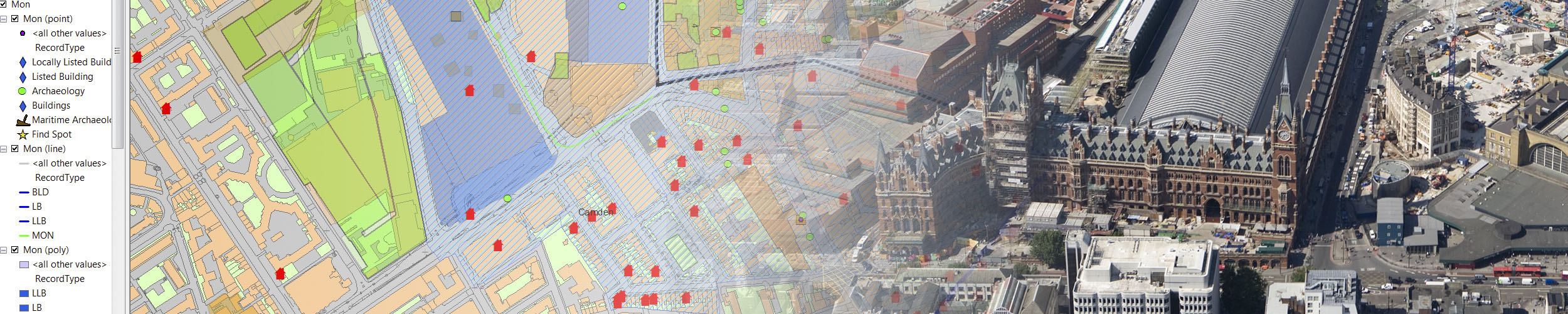 Image of St Pancras Station, with associated computer mapping