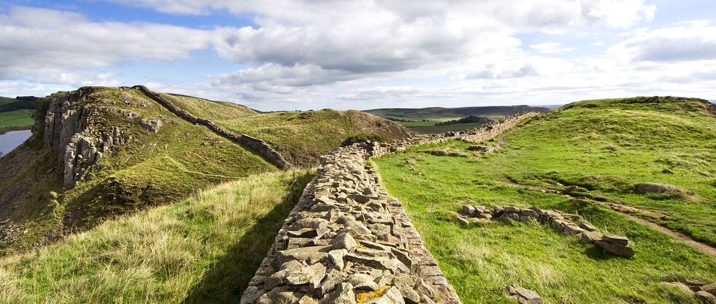 Panoramic view of Hadrian's Wall and surrounding landscape