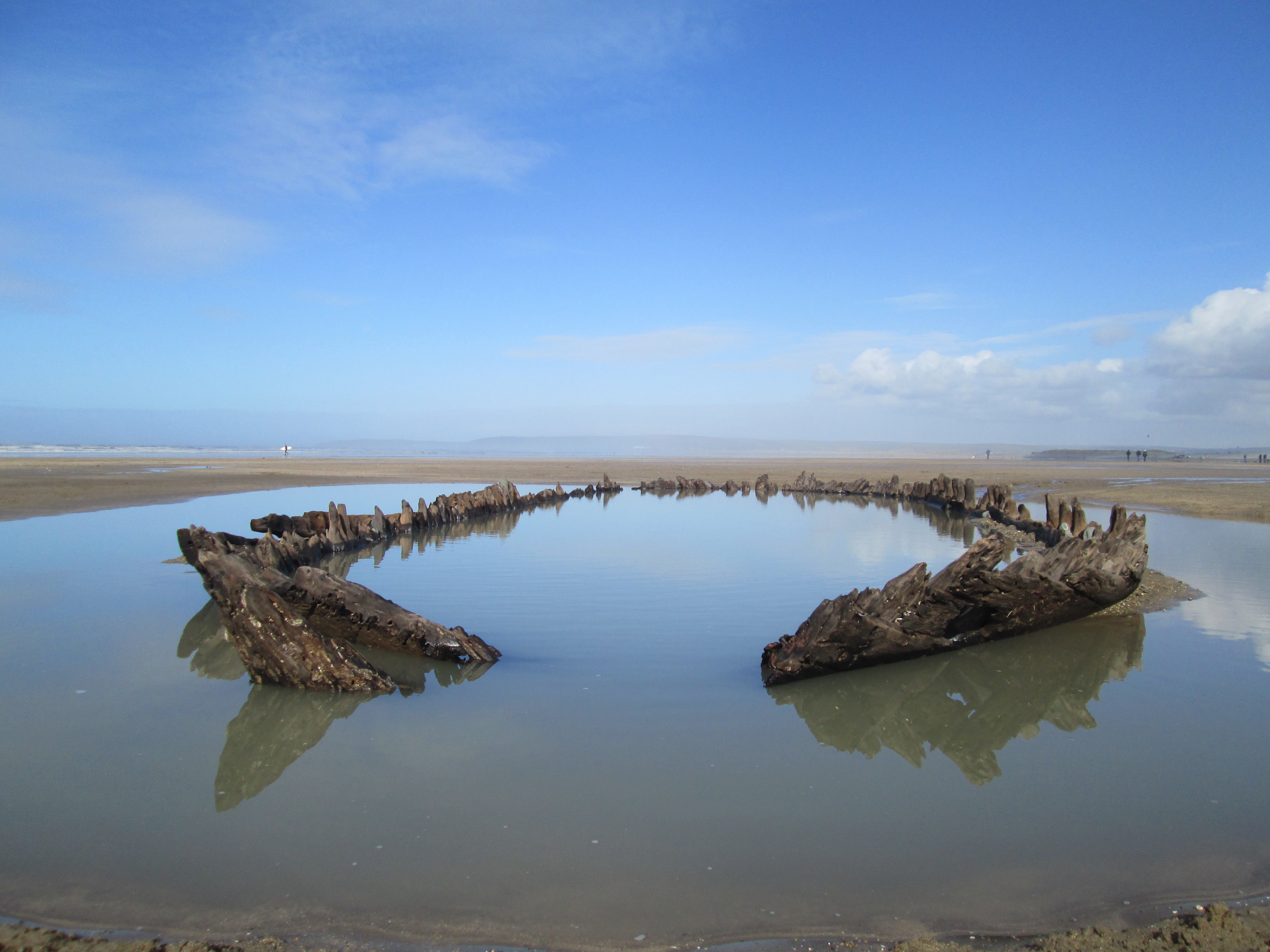 Photo of Westward Ho! shipwreck remains, visible above the sand.