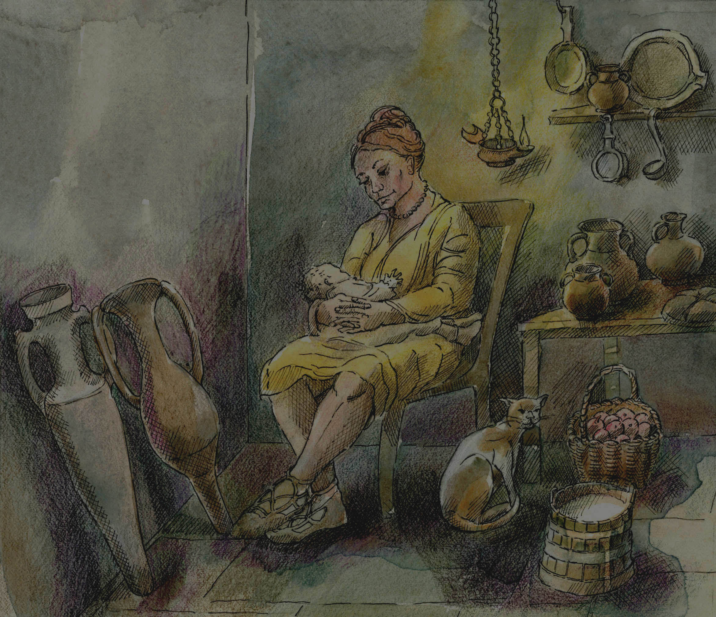 Illustration showing a mother and her infant indoors, away from direct natural light, in Roman times. Credit Judith Dobie.
