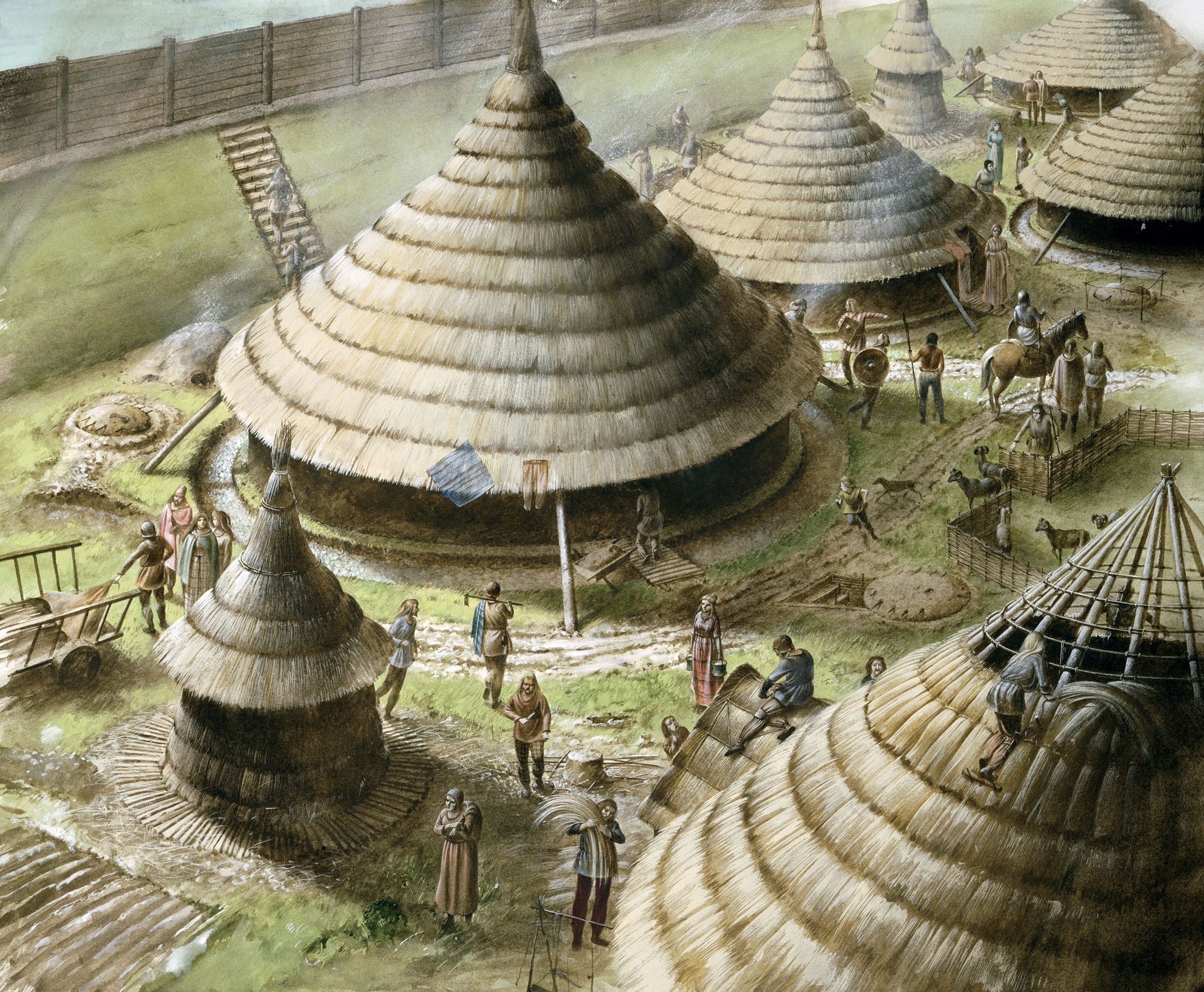 Colour illustration of Iron Age round houses