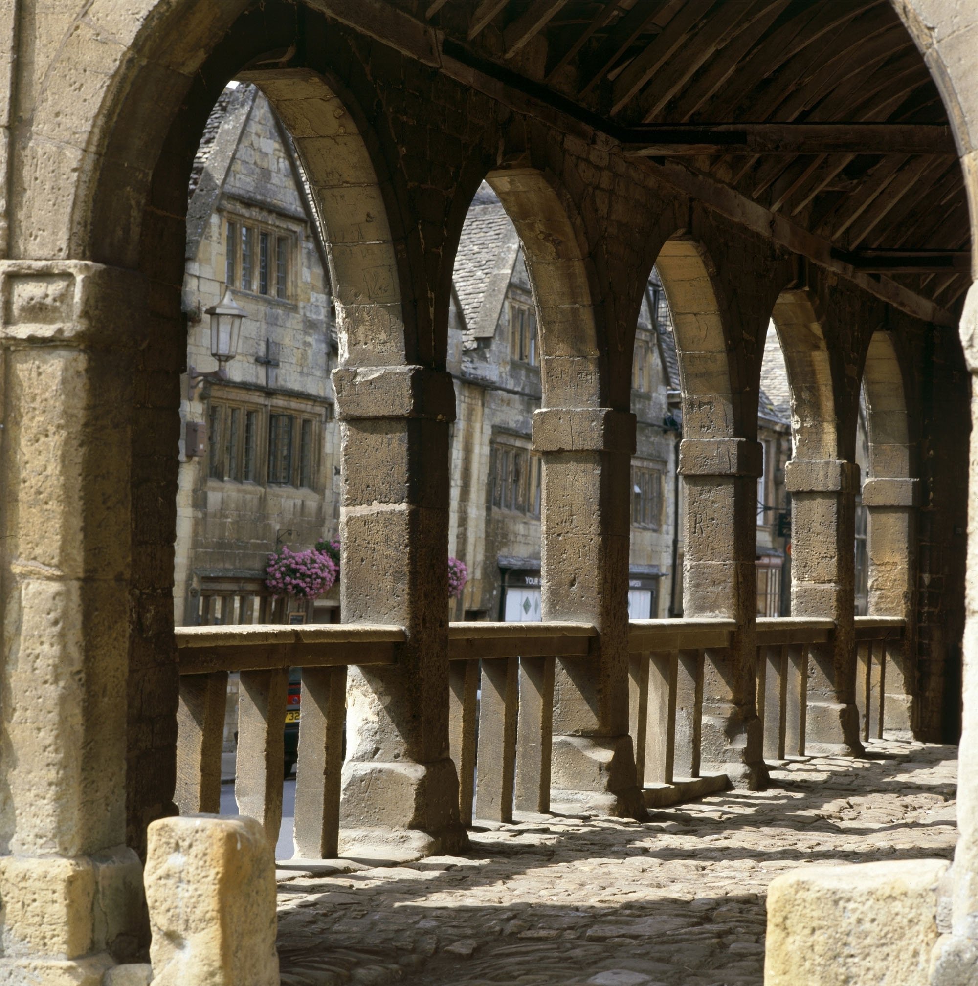 Market Hall, The Square, Chipping Campden,  Gloucestershire. Interior view showing arches.
