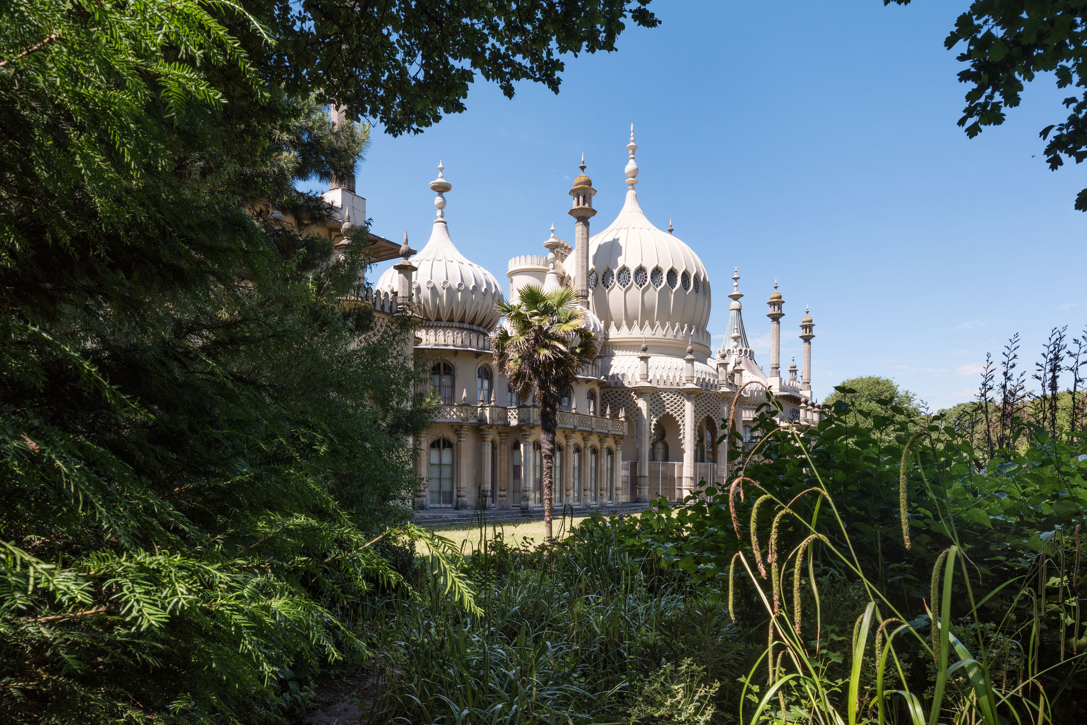 Royal Pavilion Gardens, Brighton, with lush vegetation in the foreground and a clear blue sky behind.