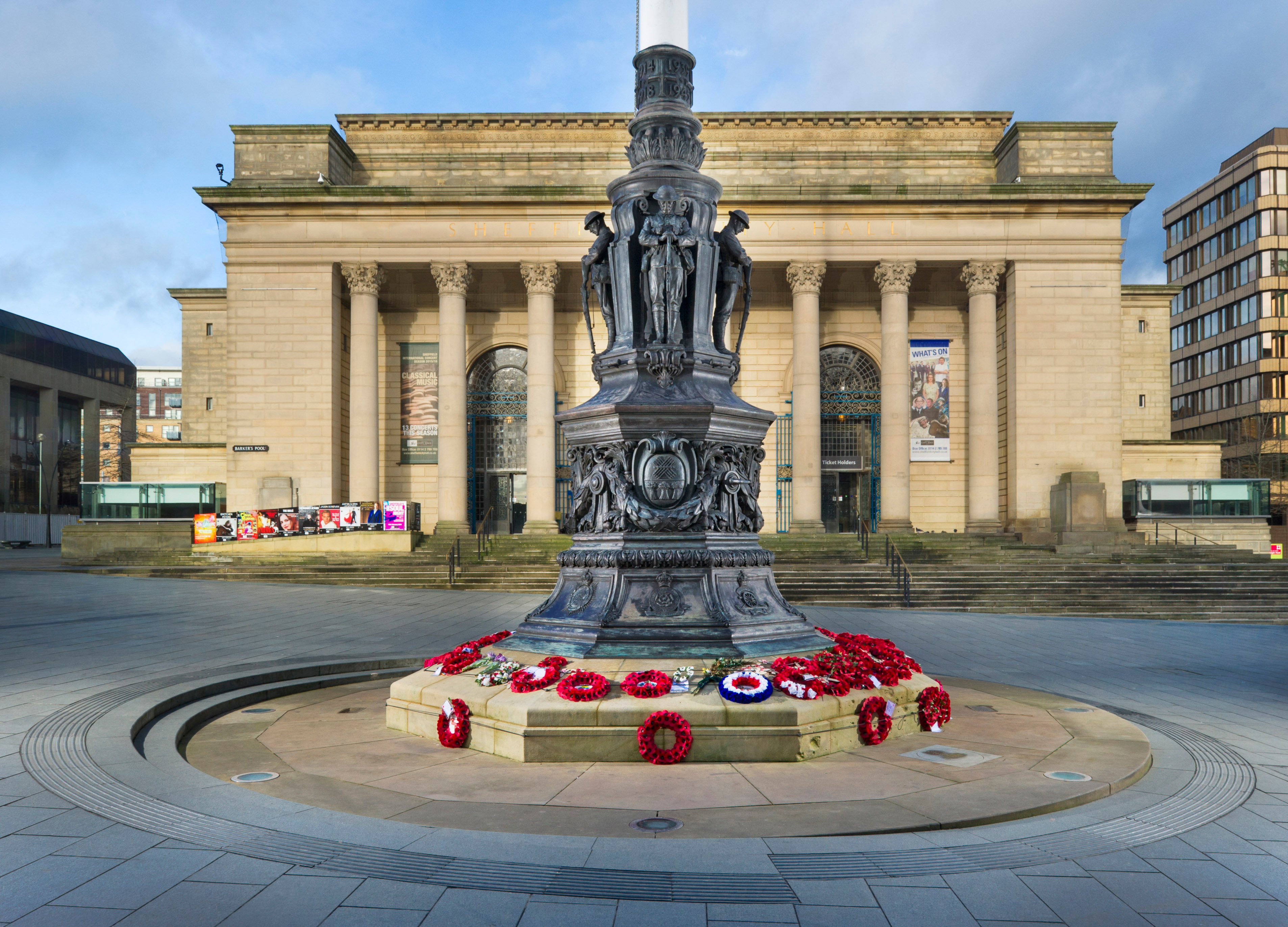 Image of Sheffield War Memorial, Barker’s Pool, Sheffield, South Yorkshire, newly upgraded to II*. This unusual but striking flagpole decorated with bronze sculptures at its base commemorates the men of Sheffield who died during the World Wars. Remembered among them are the Sheffield Pals, of whom over 500 were killed or injured on the first day of the Somme.