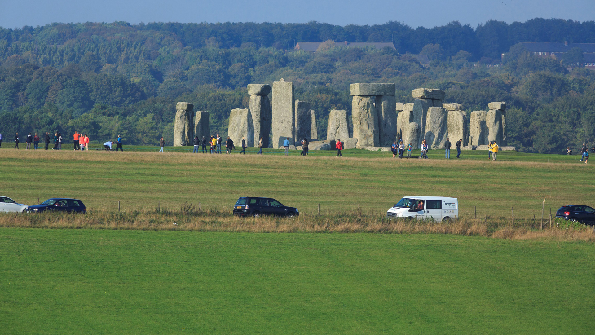 Stonehenge Landscape with traffic in the foreground