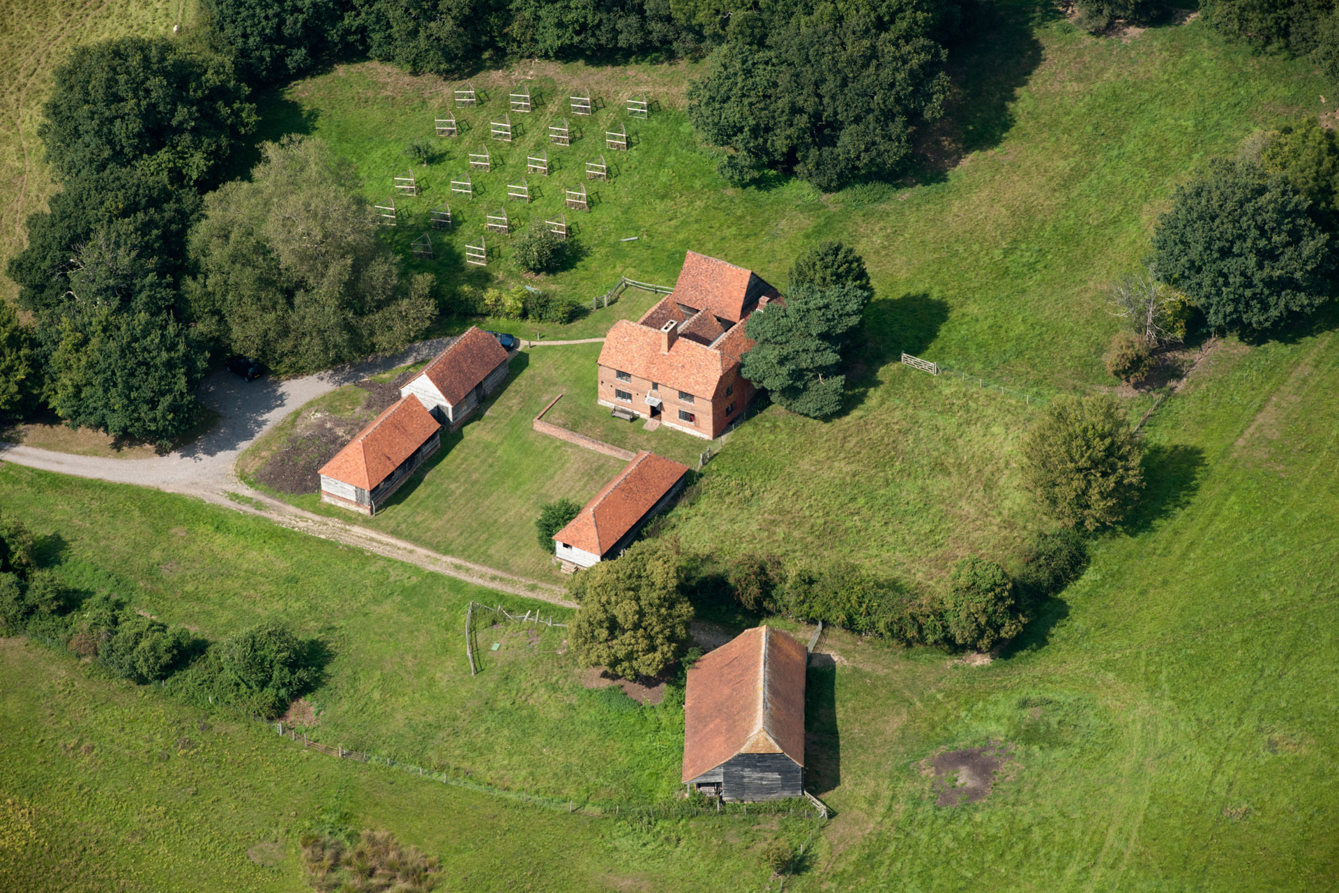 Aerial view of farm buildings.