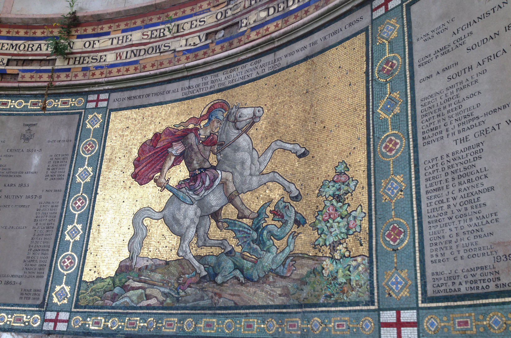 Mosaic of St George on a white horse slaying a dragon