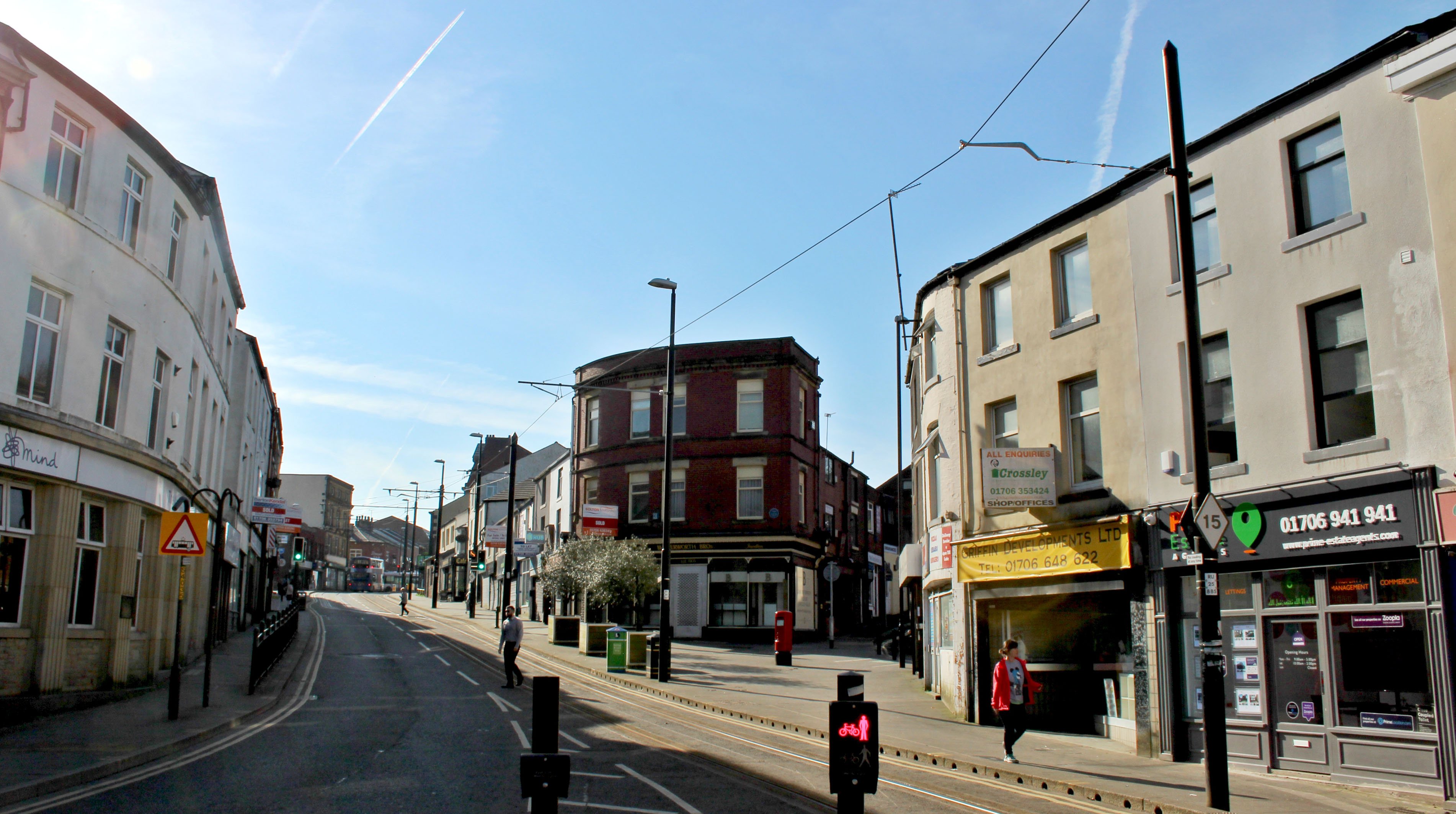 General view looking up Drake Street, Rochdale on a sunny day in 2018.