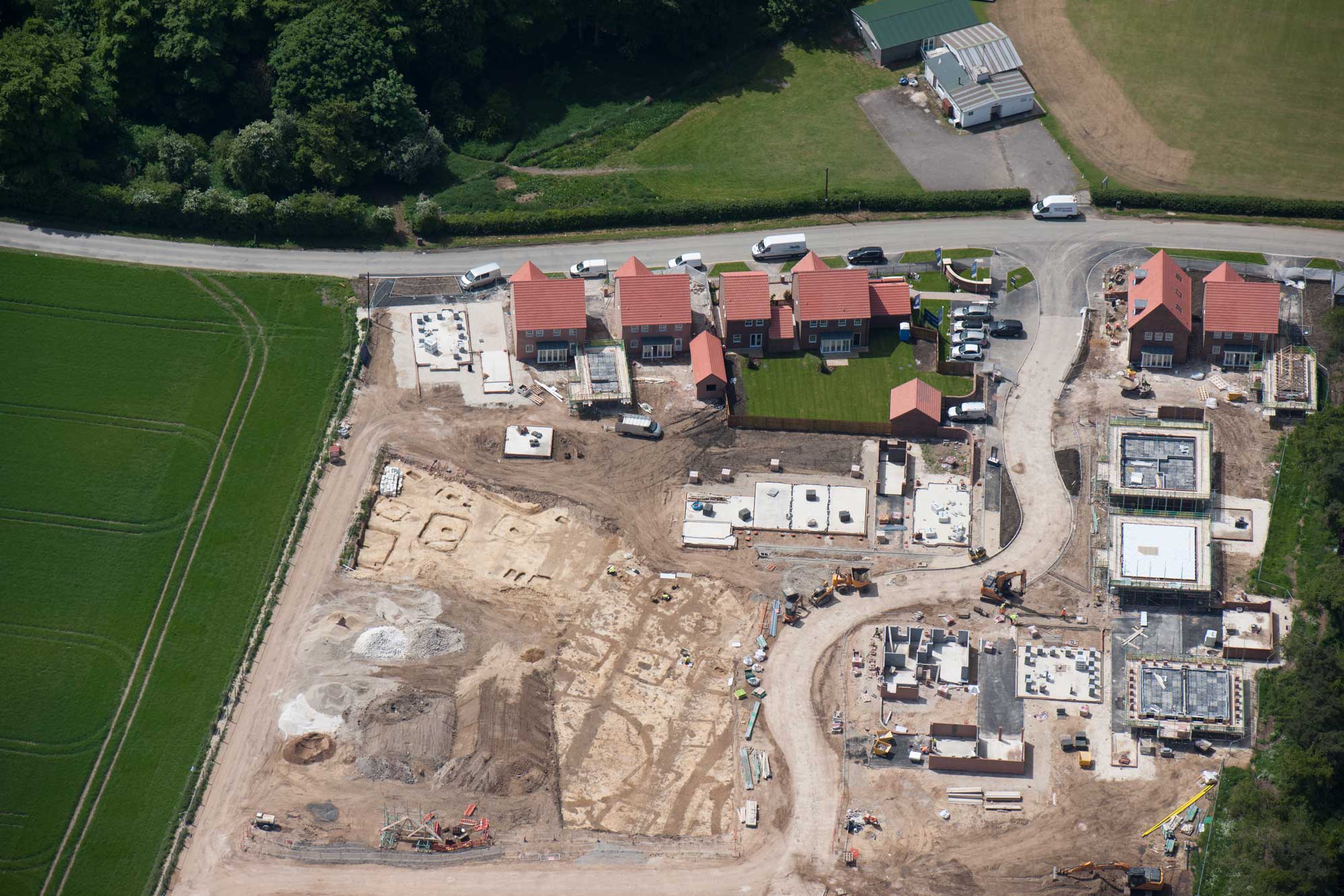 An aerial view of excavations at Pocklington in the East Riding of Yorkshire showing a number of small enclosures containing graves