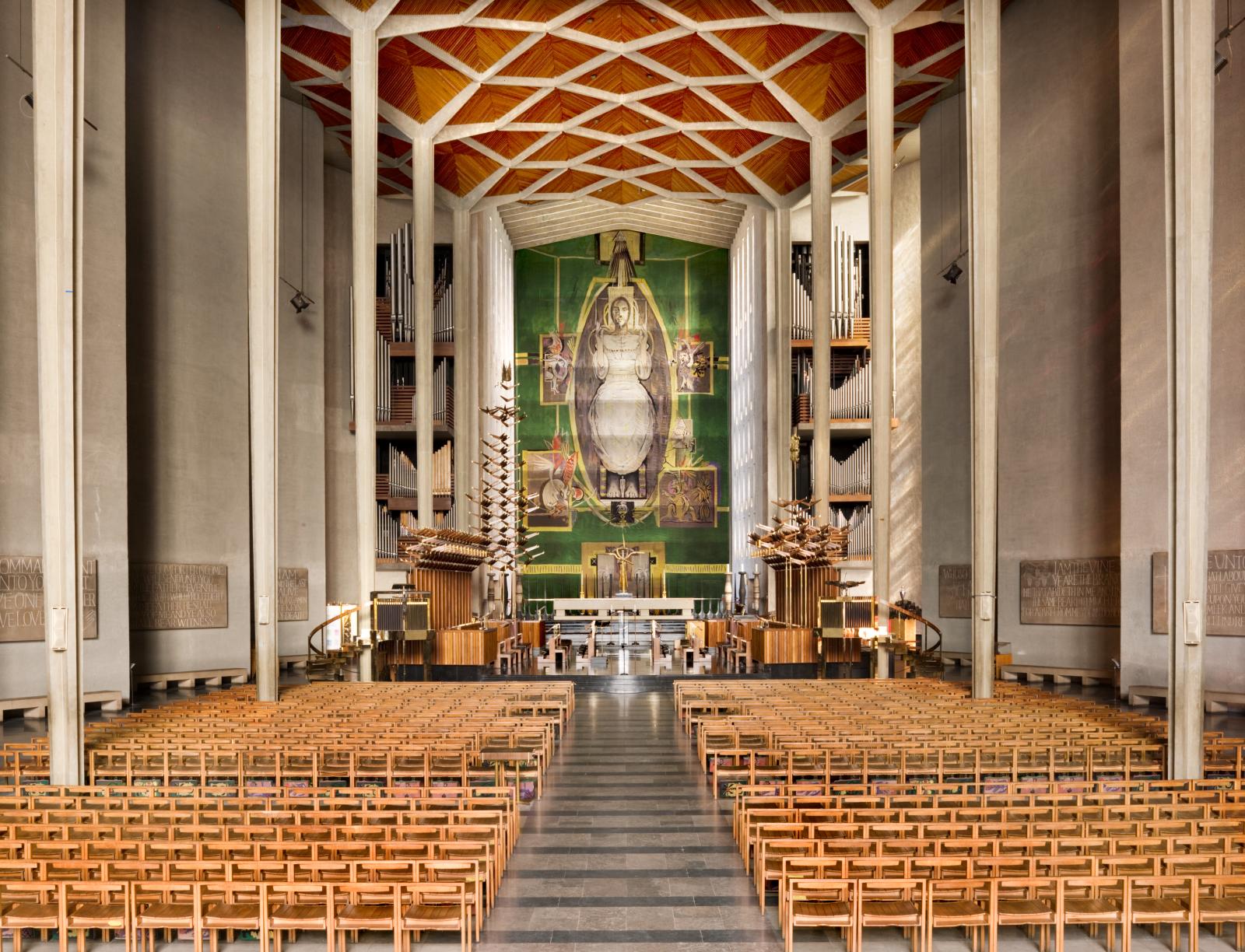 Interior of chancel and nave of Coventry Cathedral, view from north.