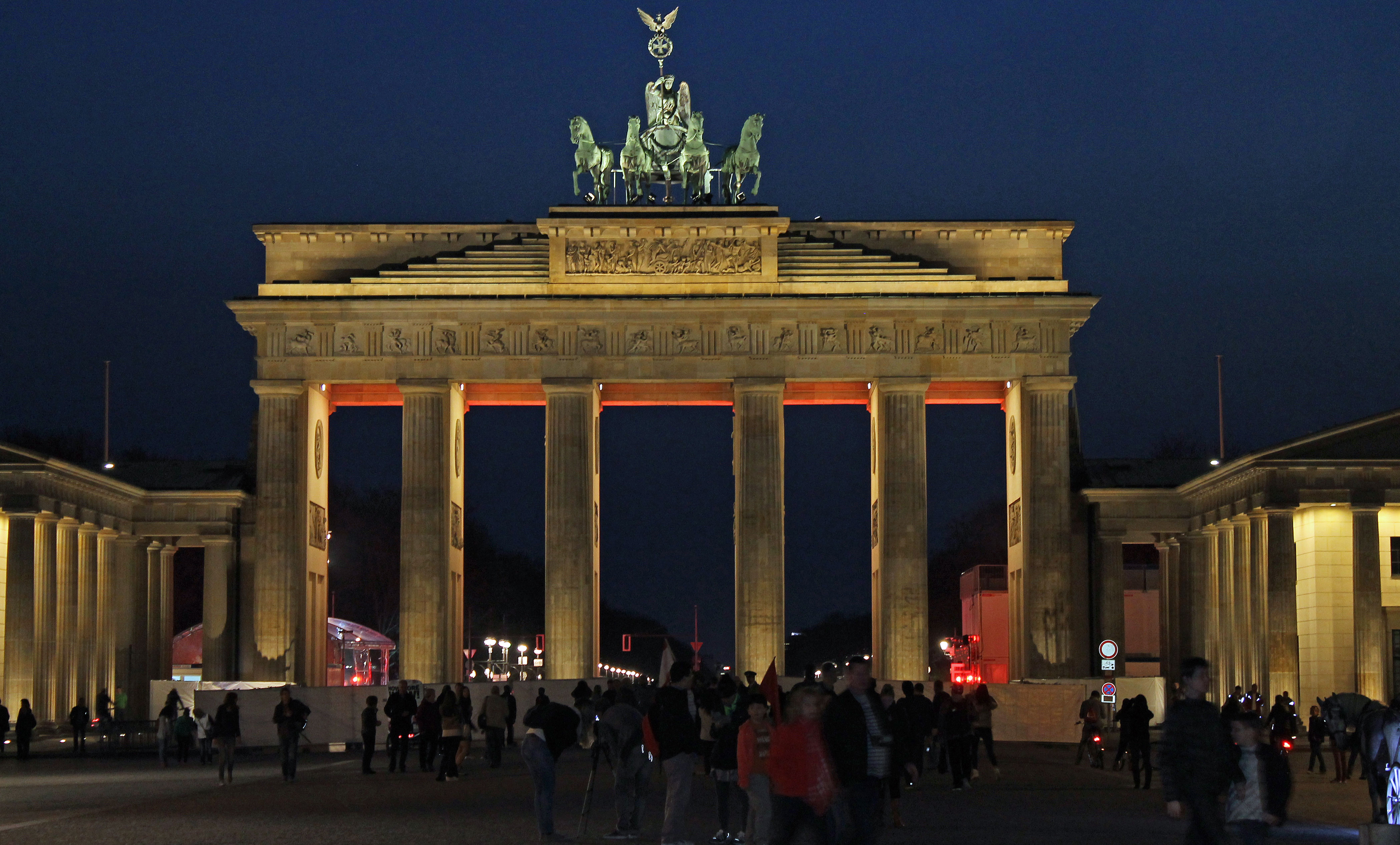 The Brandenburg Gate, Berlin, Germany lit up against a night sky