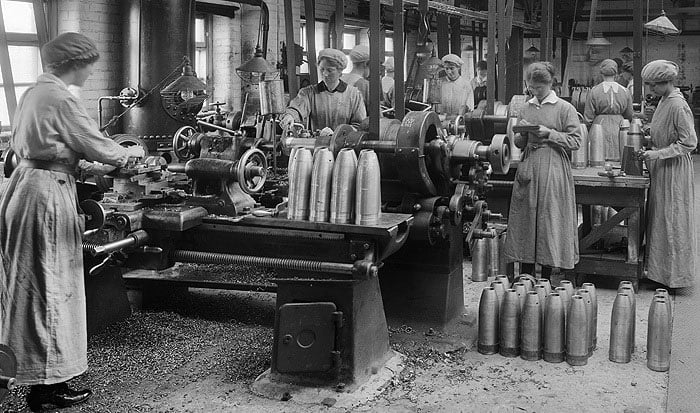 Cunard Shellworks, Bootle, Liverpool. During the war the factory produced over 400,000 shells, and was the first place where women workers manufactured 6-inch and 8-inch artillery shells.
