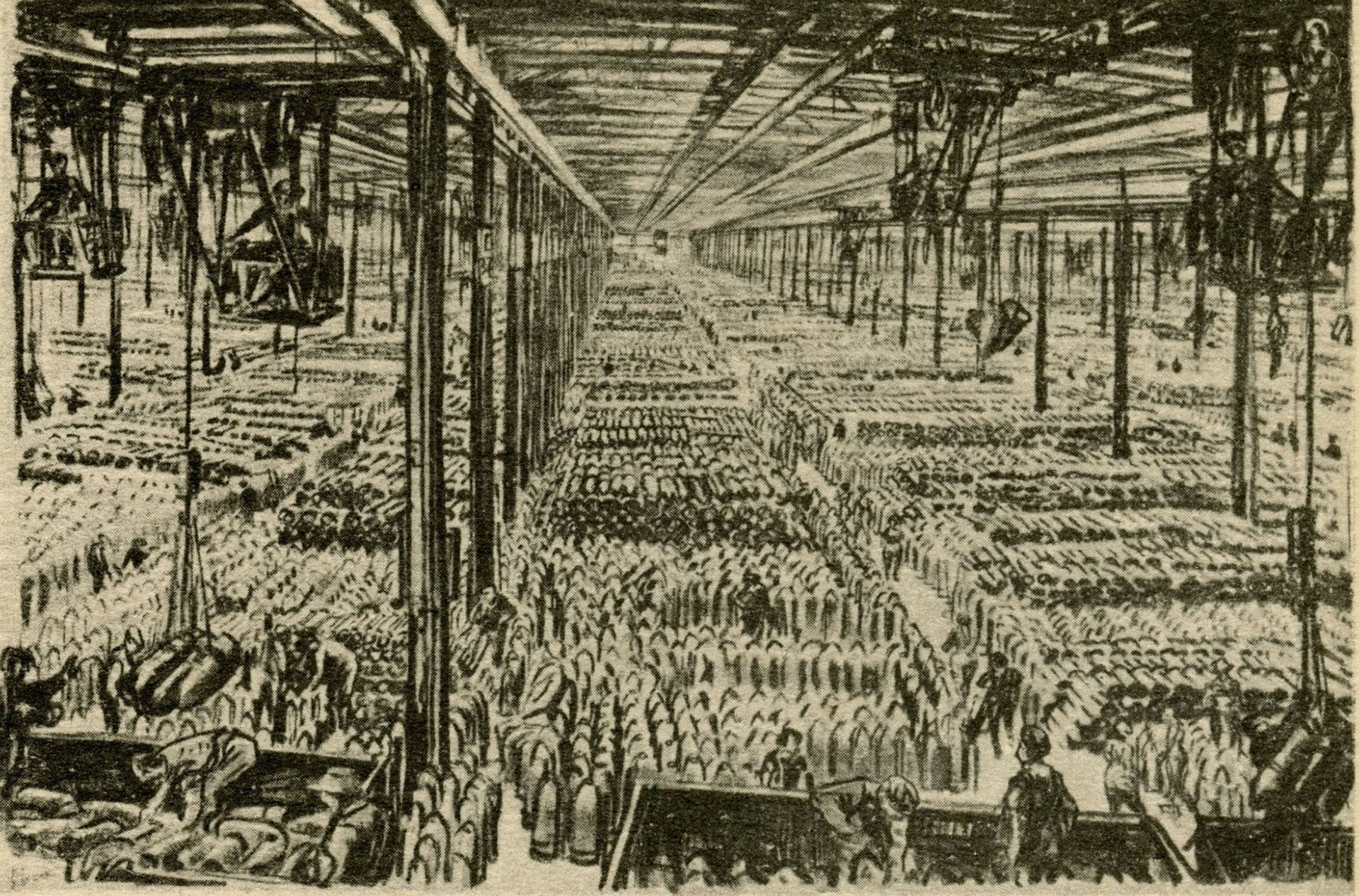 Chilwell Filling Factory, Nottingham, this sketch by the war artist Muirhead Bone shows filled shelled being loaded into railway wagons