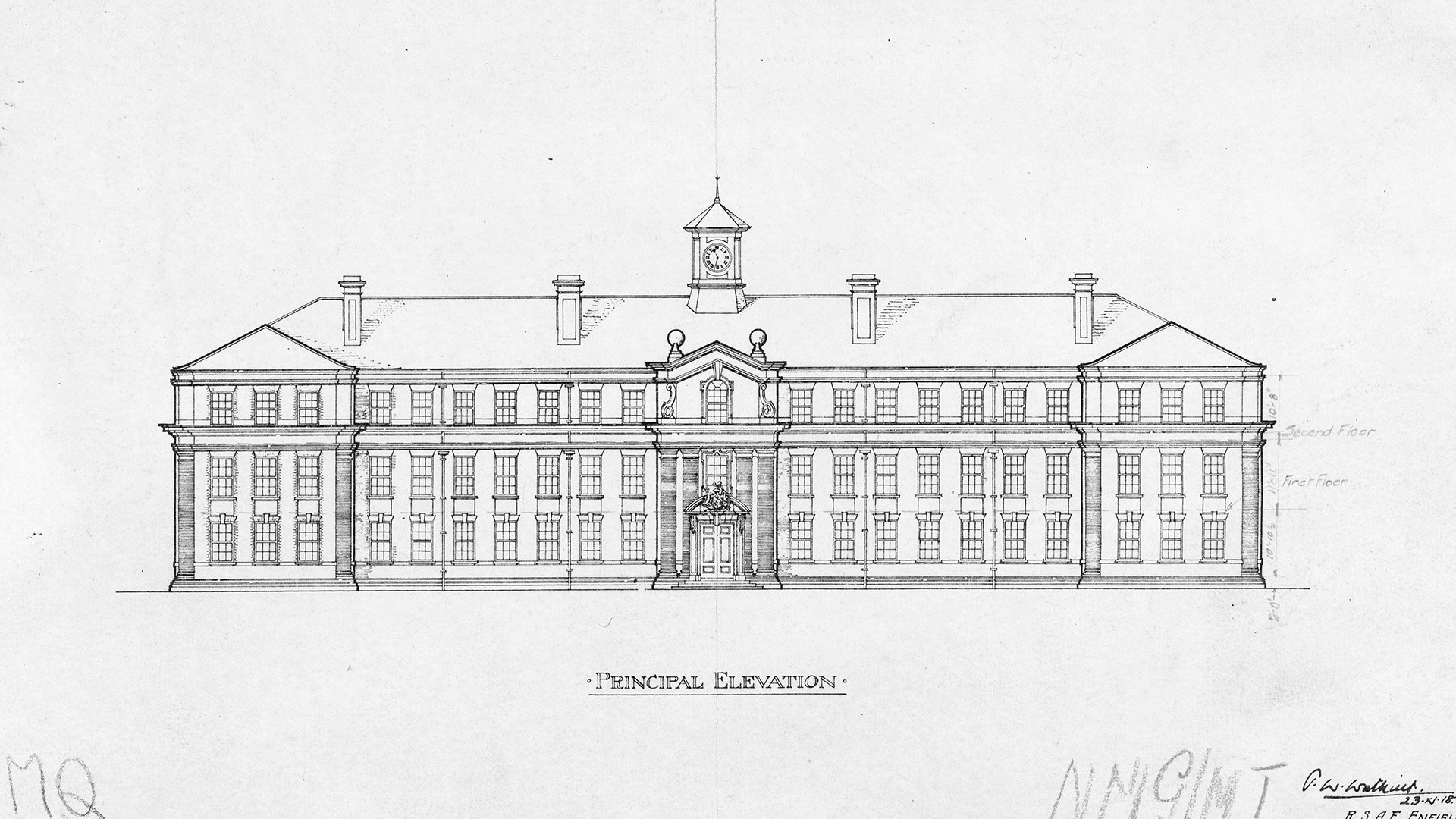 National Machine Gun Factory, Burton on Trent, Staffordshire, architect’s drawing showing the grand, three storey headquarters building, Listed Grade II.