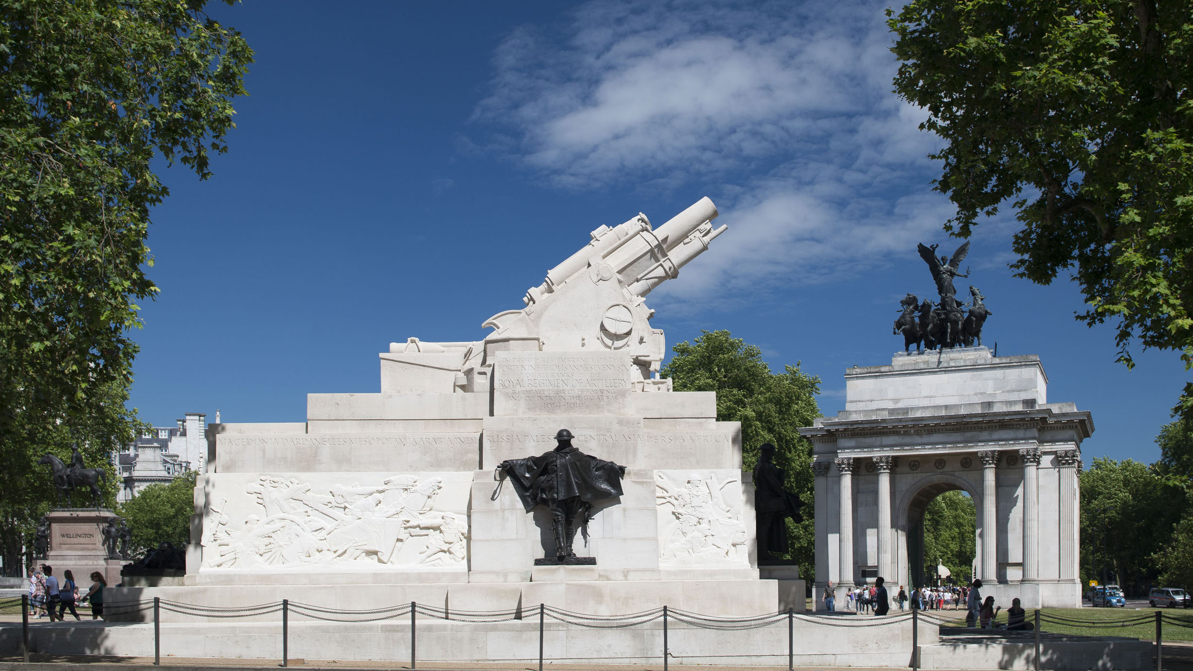 Royal Artillery Memorial against a blue sky, Hyde Park Corner, London.