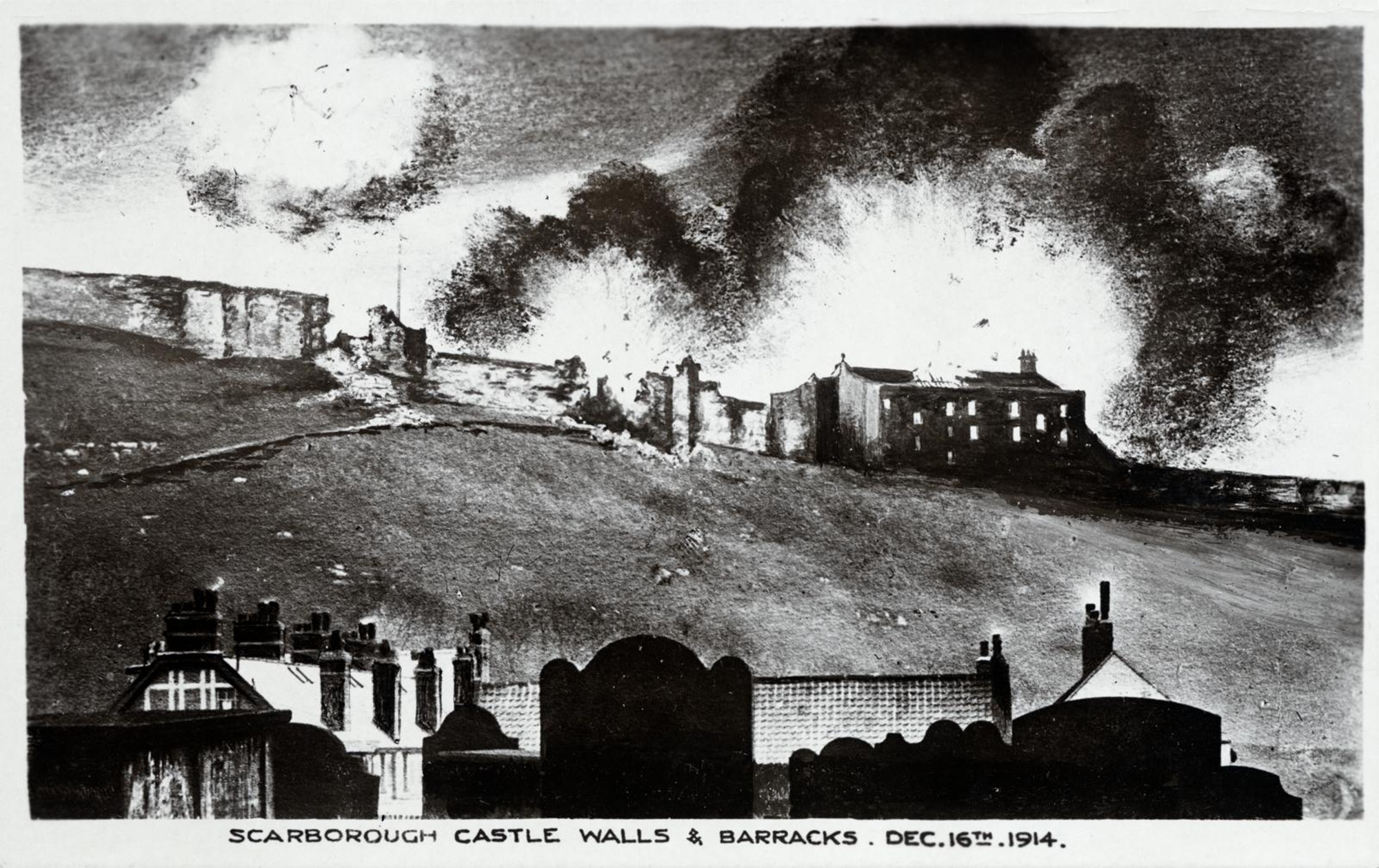 Scarborough Castle, North Yorkshire, a reconstruction of the bombardment shows shells hitting the castle curtain wall and the old barrack block. No photographs are known to survive of the bombardment as it took place but reconstructions like this designed for a postcard convey the drama of the event.