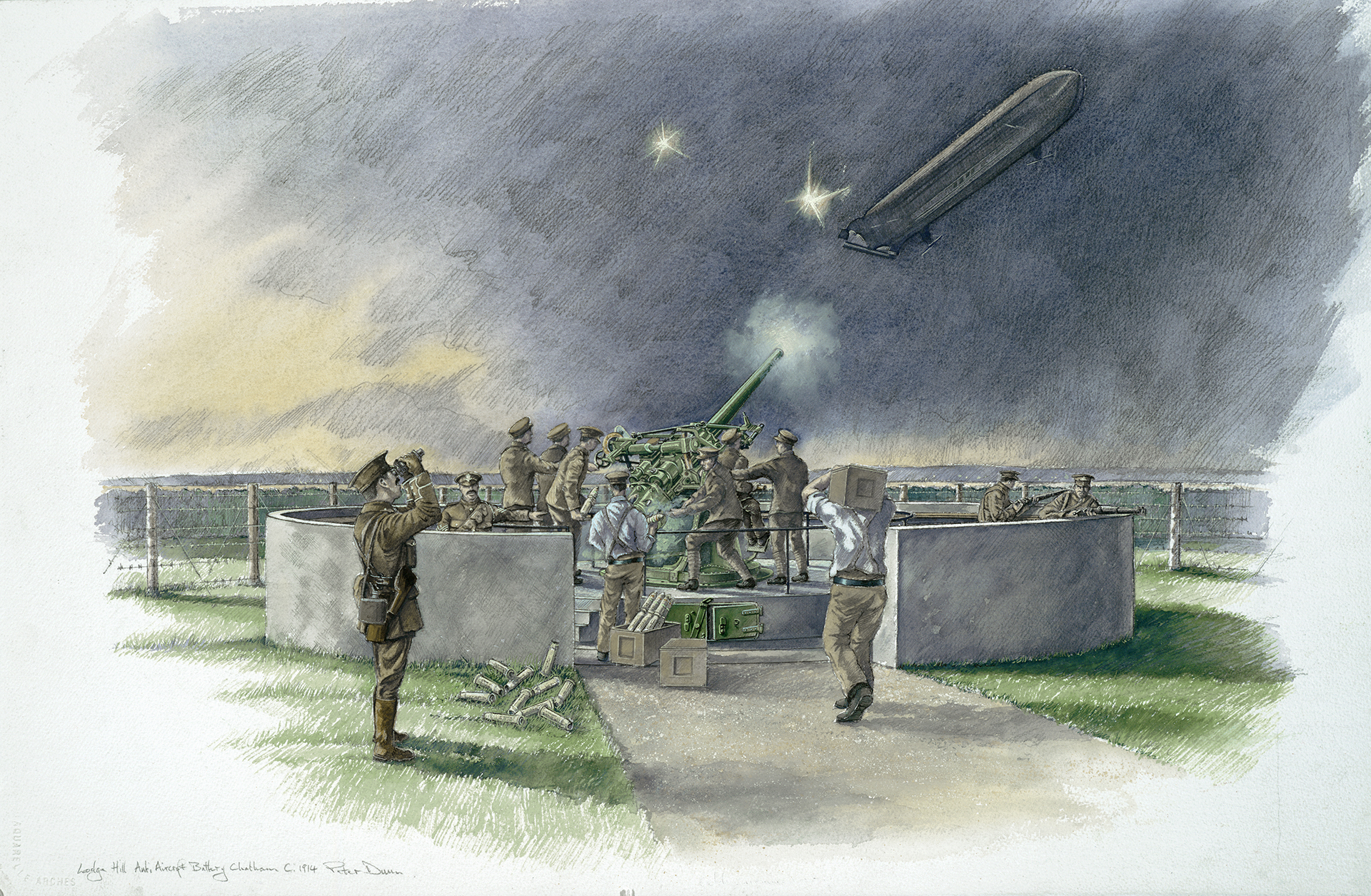 Lodge Hill, Medway, a reconstruction drawing shows an anti-aircraft gun mounted in a concrete emplacement being loaded by its crew