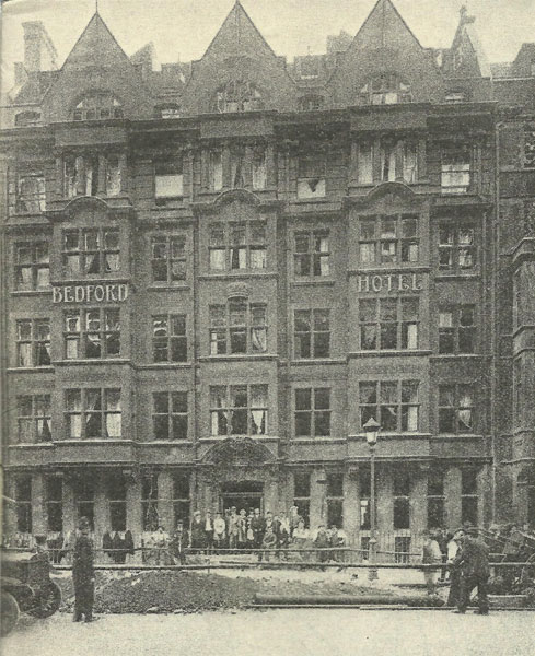 Bedford Hotel, Southampton Row, London, 24 September 1917. Every window was smashed in the Bedford Hotel following a German Gotha raid on 24 September 1917. The 50 kg bomb landed directly outside the hotel at around 8.55pm, killing thirteen and injuring twenty-two. The hotel was later demolished and rebuilt.