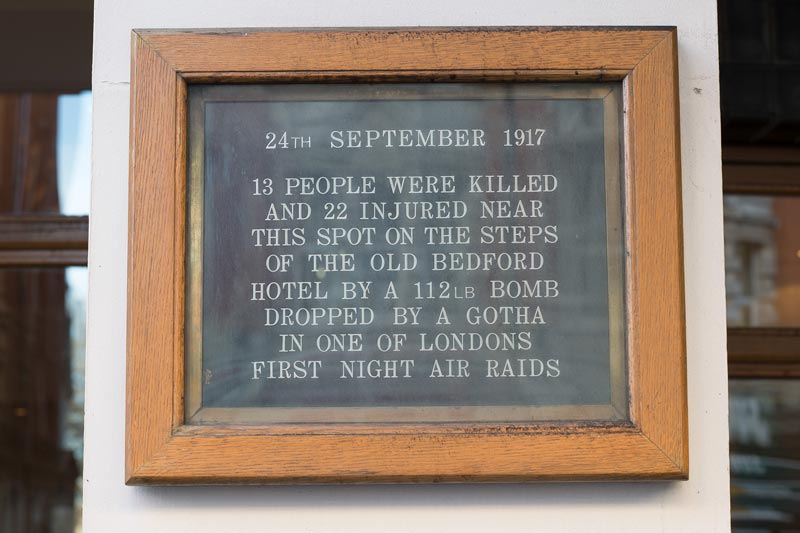 Memorial plaque, Bedford Hotel, Southampton Row, London, 2014. This plaque records the First World War bombing of the hotel on 24 September 1917 when thirteen people were killed and twenty-two injured. The Royal Academy in Piccadilly was bombed in the same raid.