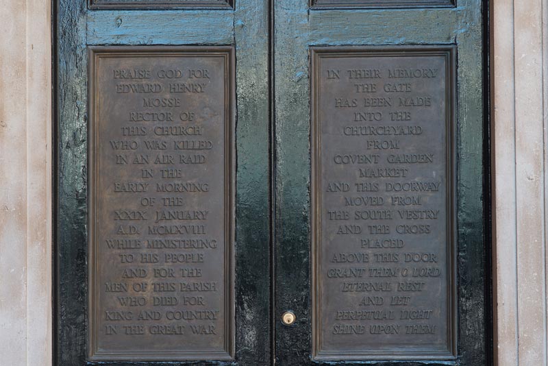 Memorial plaque, St Paul’s Church, Covent Garden, London, 2014. The plaque on the east door of the church commemorates the Reverend Edward Mosse, rector of the church, one of thirty-eight people killed by a 300kg bomb dropped by a German ‘Giant’ plane 29 January 1918. It made a direct hit on the nearby Odhams Printing Works in Long Acre, an official air raid shelter. Eighty-five people were also injured. The total casualties were the most in London caused by a single bomb during the entire First World War.