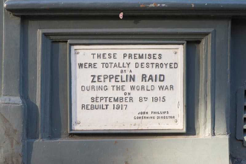 Memorial plaque, Farringdon Road, London, 2014. This plaque records the bombing by a German Zeppelin L.13 of 61 Farringdon Road on 8 September 1915. The building was rebuilt in 1917 and is now called the Zeppelin Building.