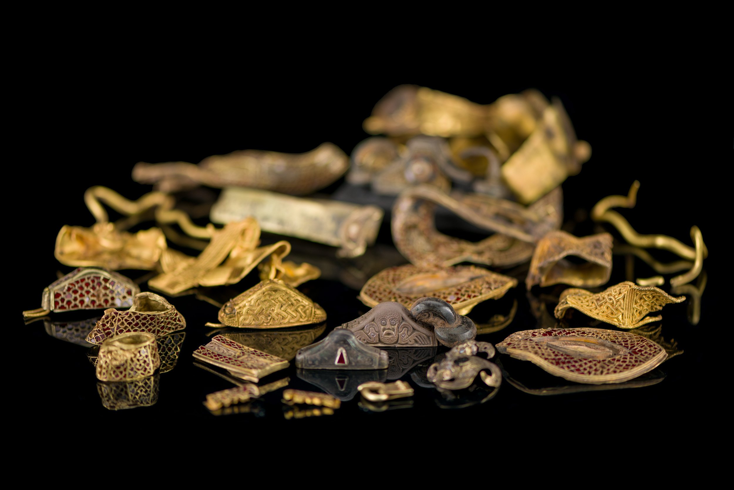A hoard of decorated gold objects.