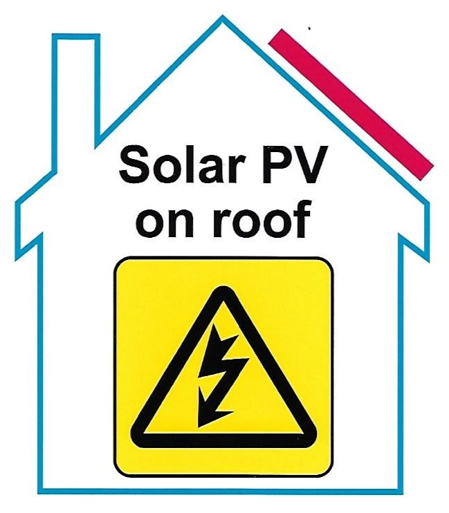 Outline drawing of a house with a red line on the right side of the roof and a yellow electricity warning symbol in the middle. Text reads Solar PV on roof.