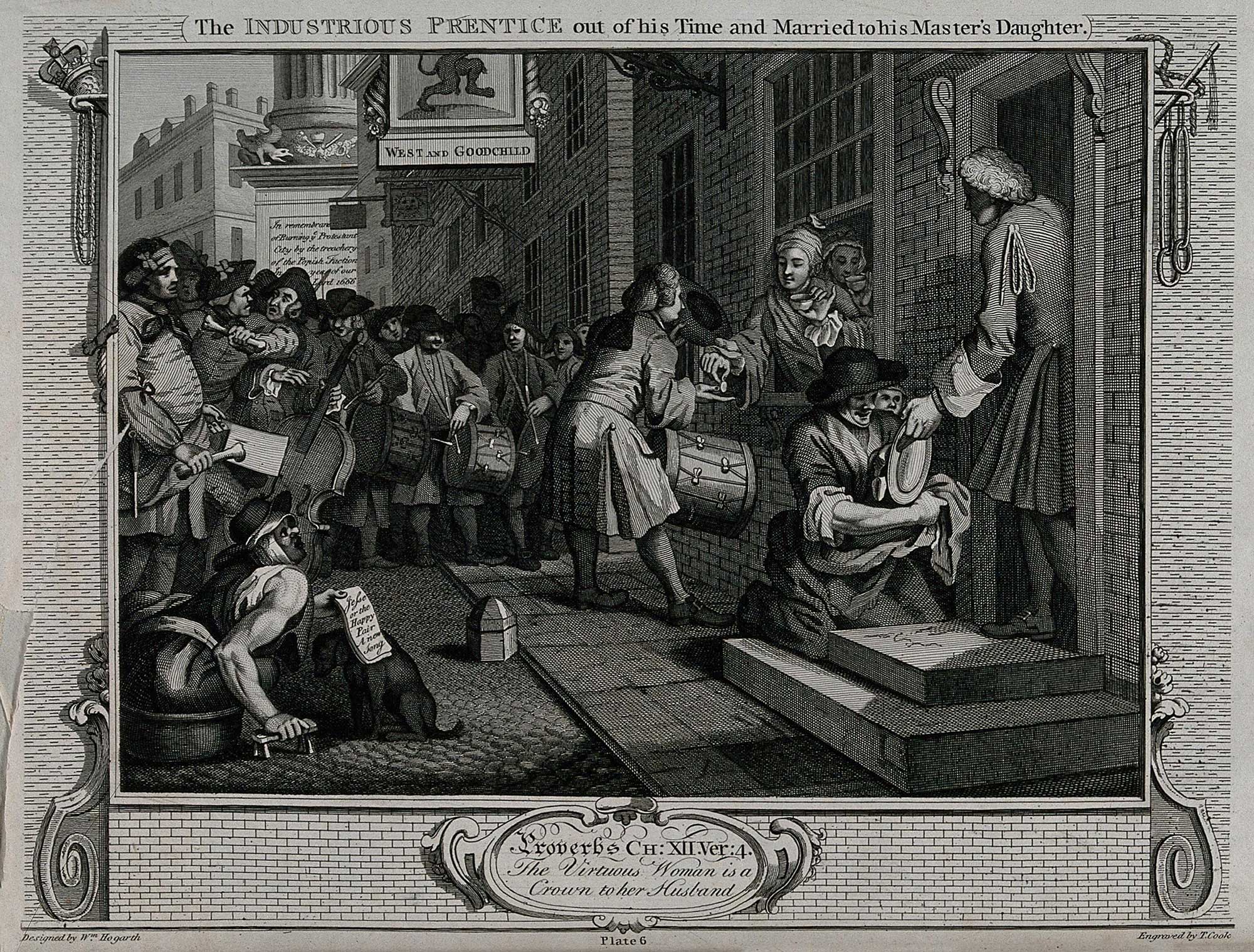 Drawing of a man sitting in a tub selling ballad sheets with a crowd some with drums.