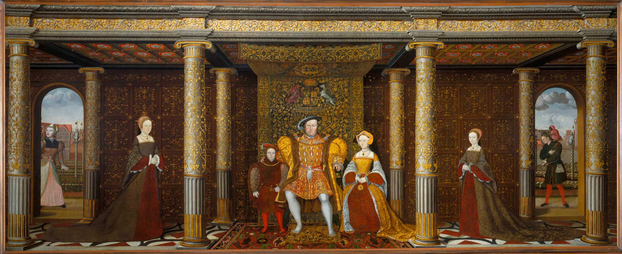 Portrait of Henry VIII with family including Will Somer (right) and Jane the fool (left). 