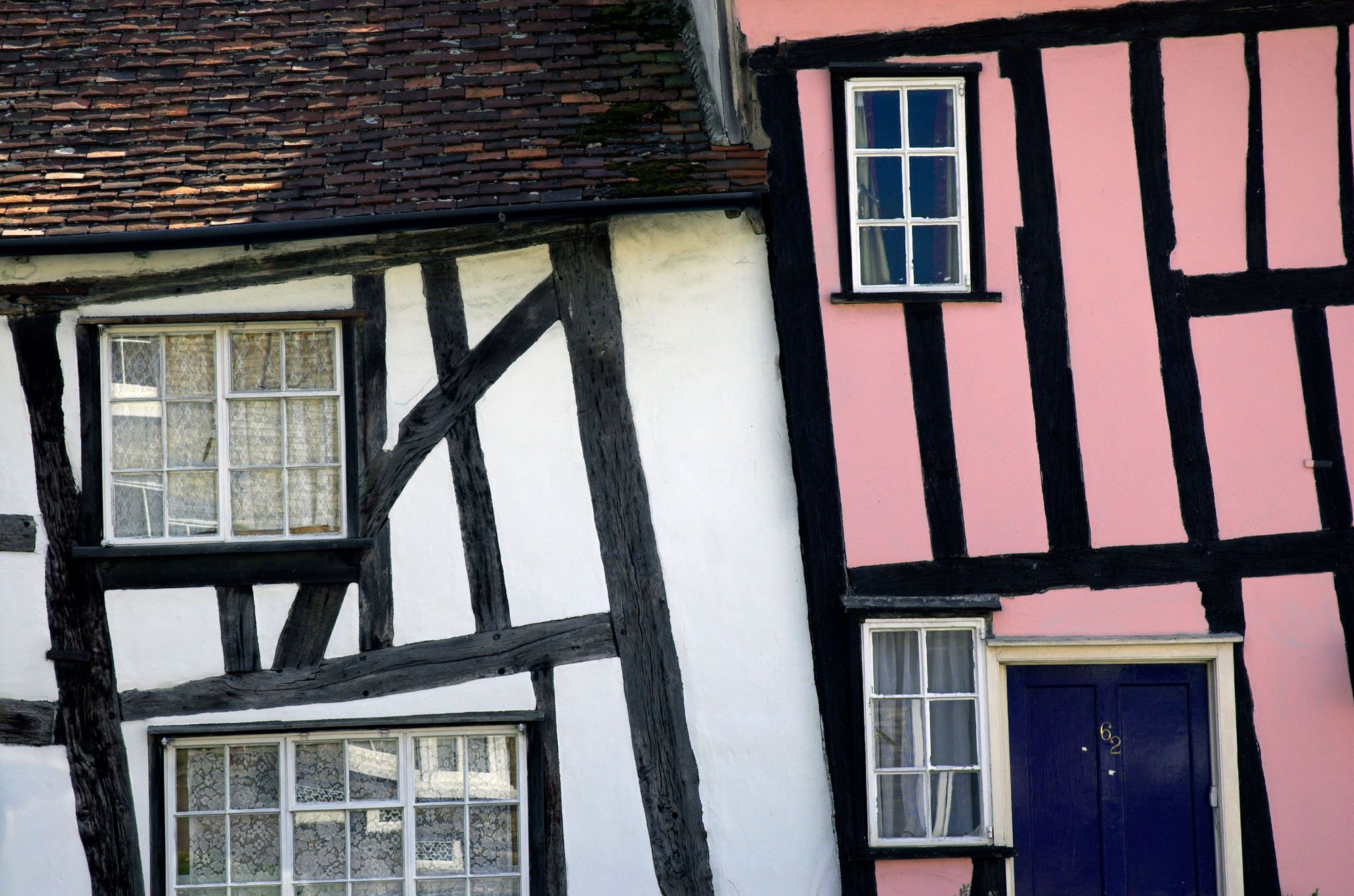 Detail of crooked timber-framed houses.