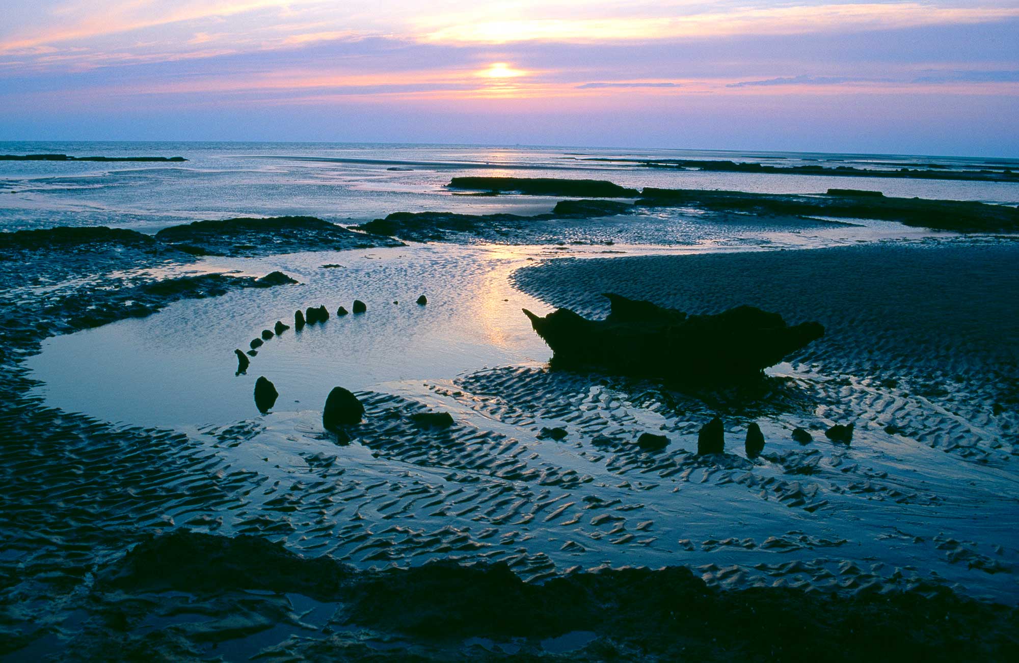 Holme Next the Sea Timber Circle ("Sea Henge"), Norfolk. View at sunrise. Early bronze age site.