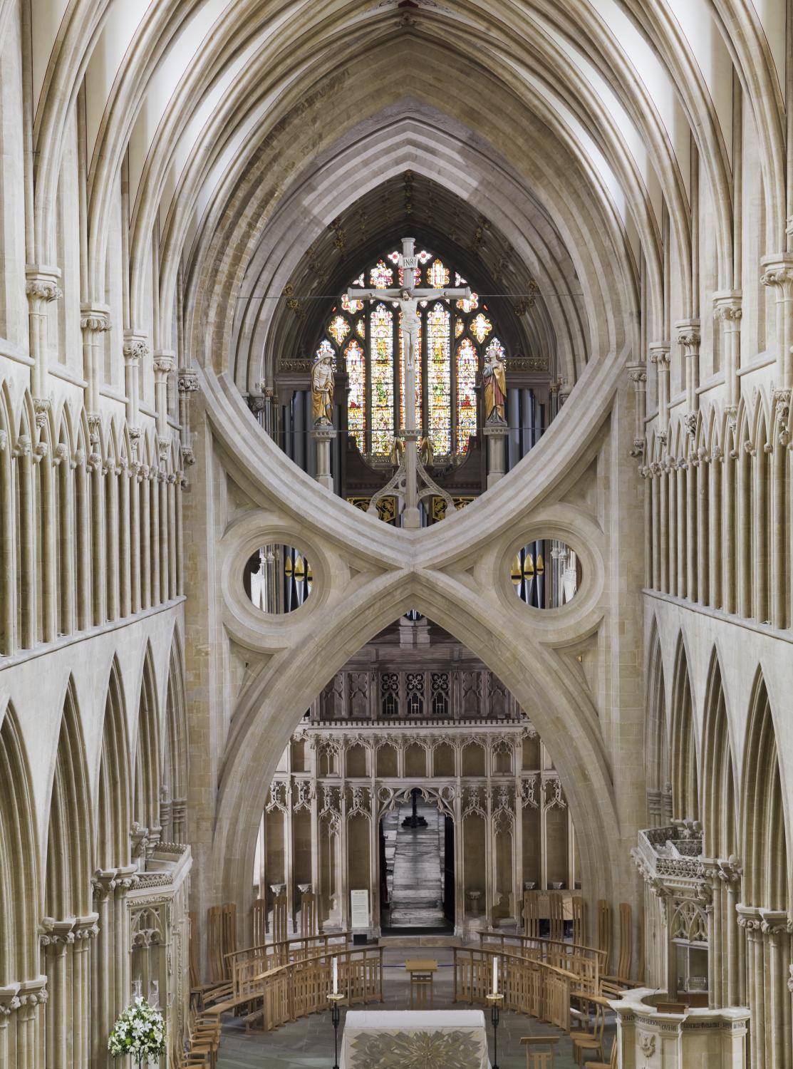 Elevated general view of the interior of Wells Cathedral.