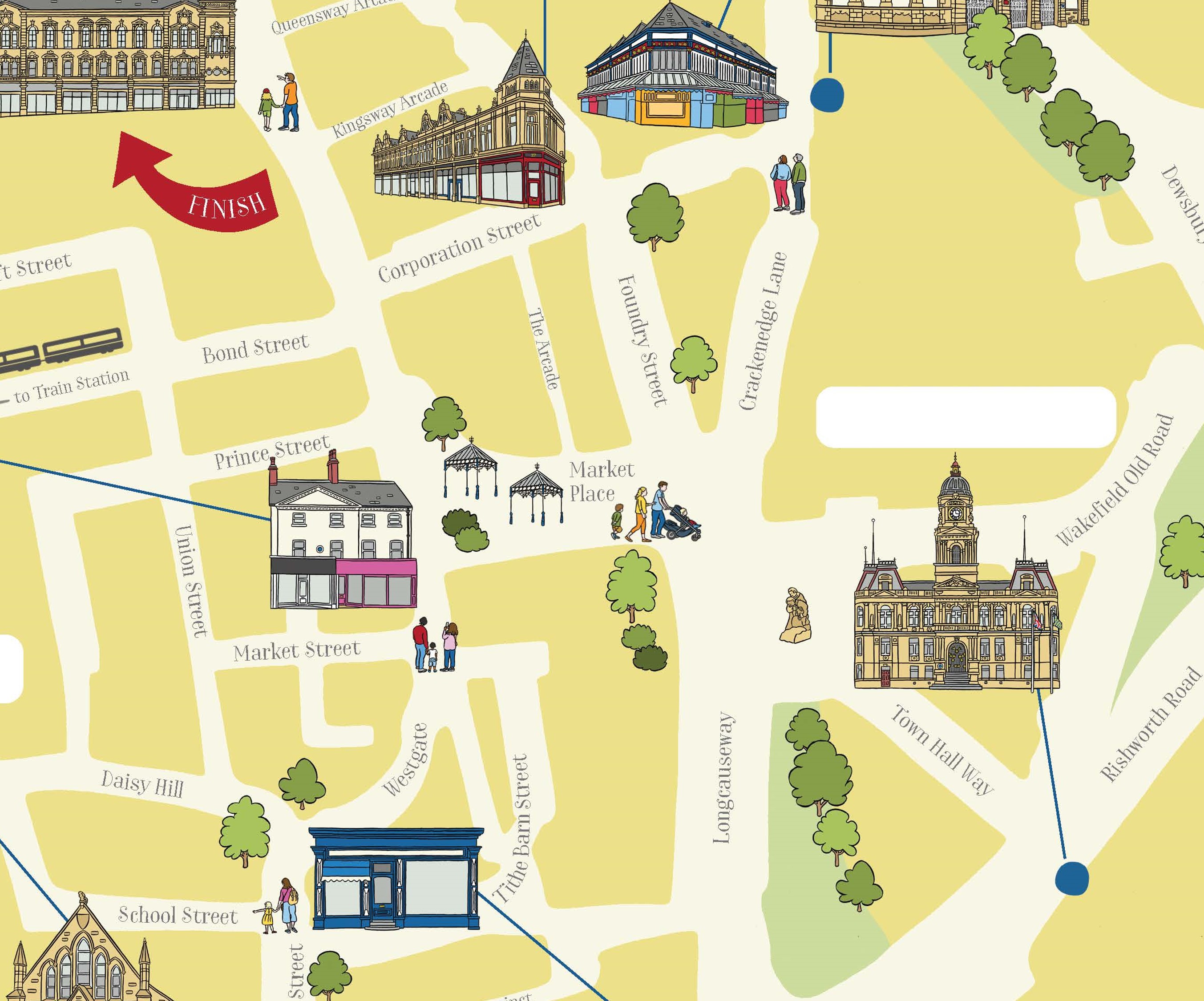 A trail map graphic with street names and cartoon renderings of key heritage buildings in Dewsbury