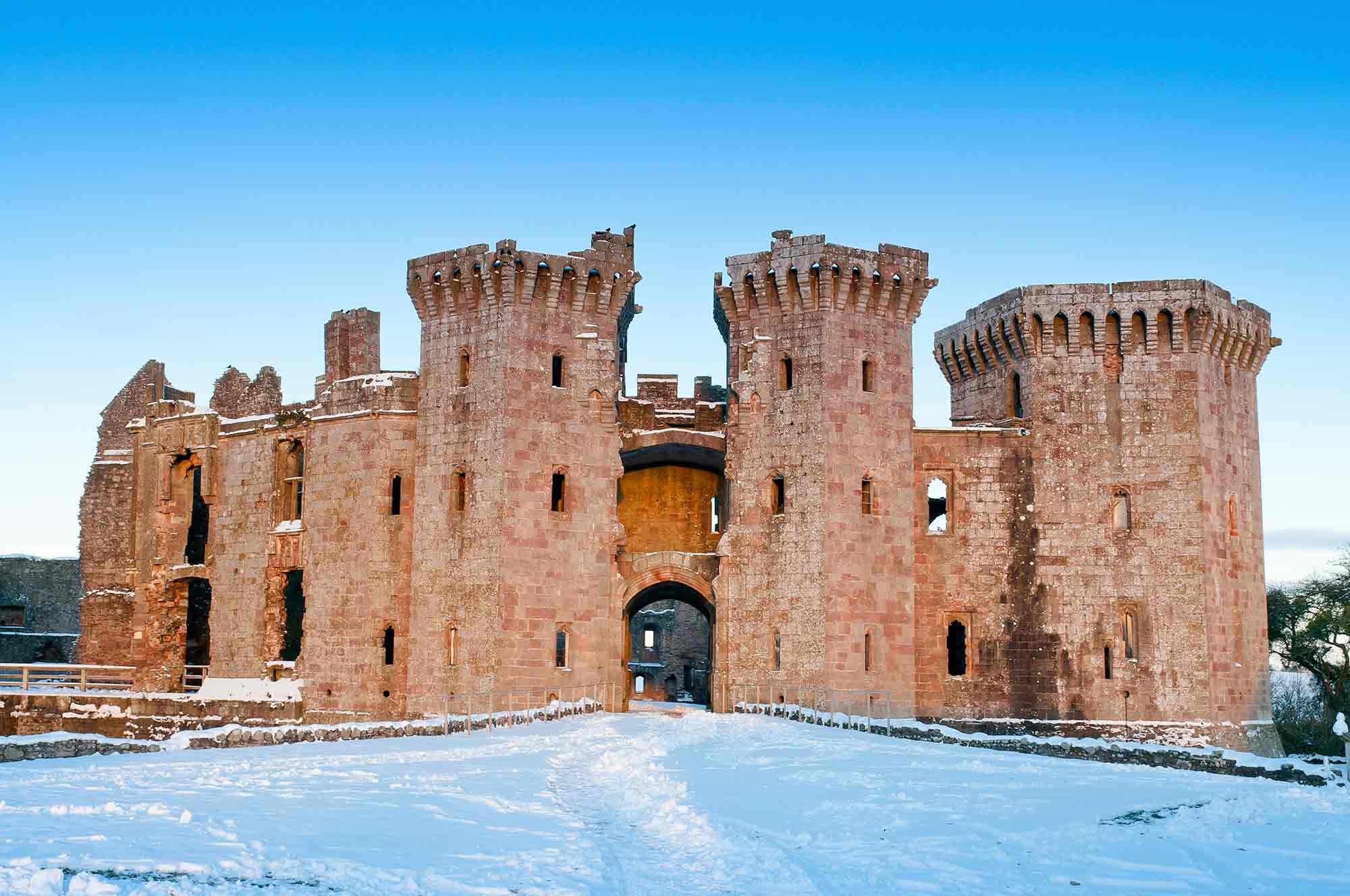 Entrance to castle with snow in the foreground