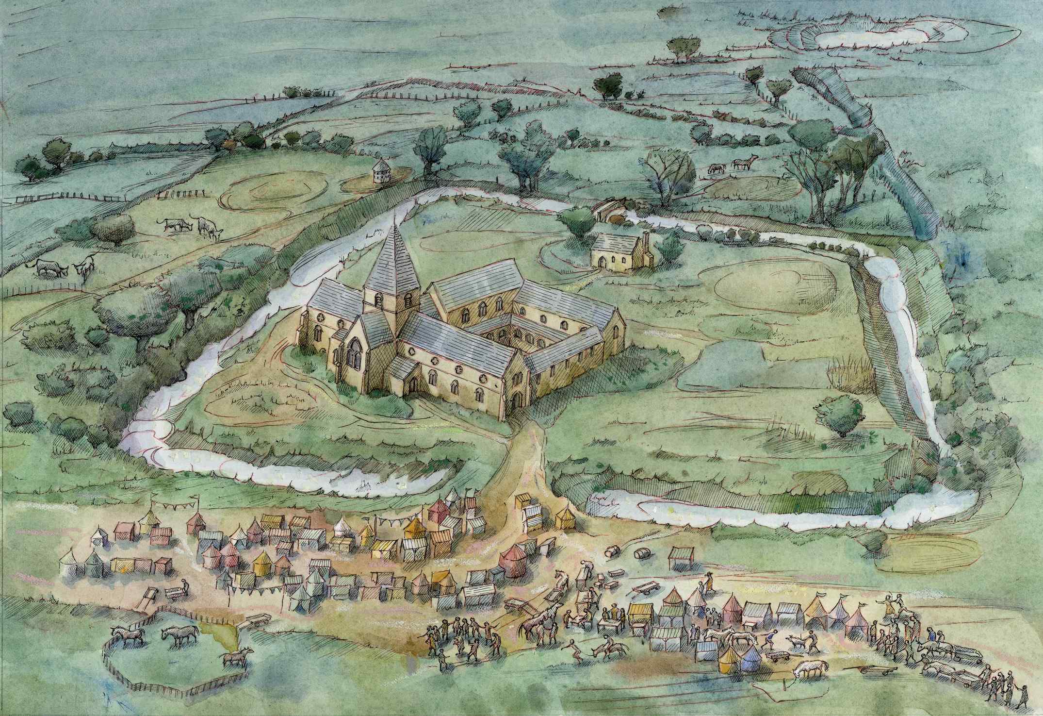 Artist's impression of the priory in the 14th century, with a fair in progress.