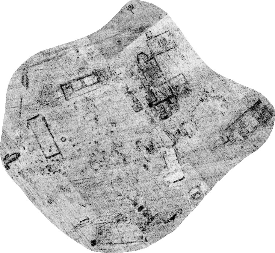 Results of a geophysical survey showing a complex of buildings and other archaeological features.